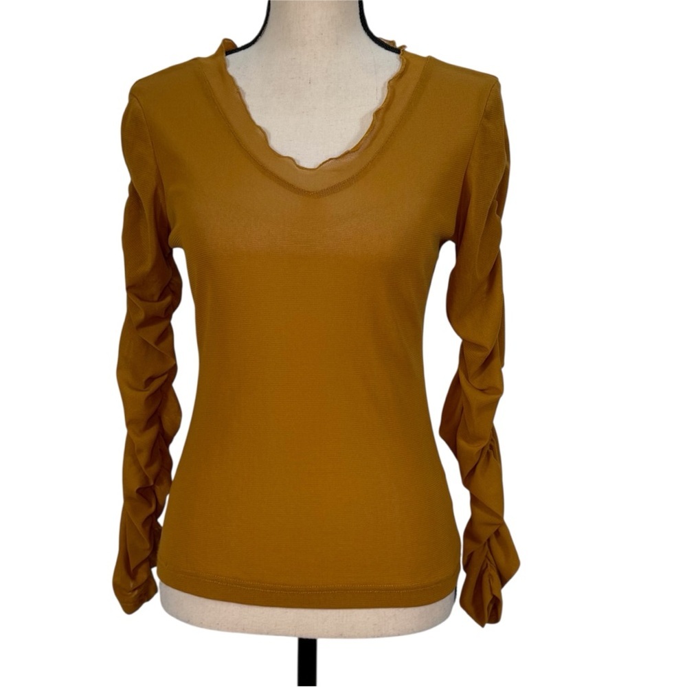 BRACHA Mustard Sheer Mesh Ruched Long Sleeve Top Women’s Medium Stretch V Neck